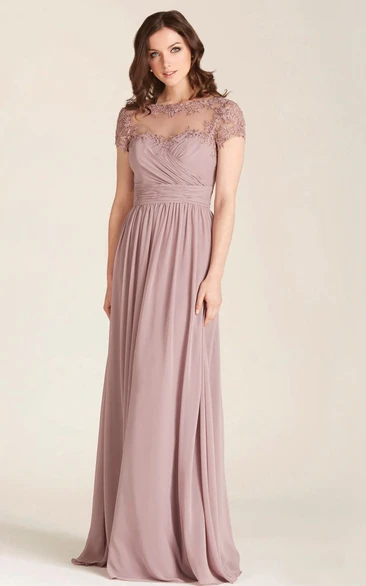 Illusion Sleeve Chiffon Bridesmaid Dress with Applique and Bateau Neck
