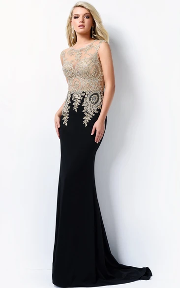 Long Sleeveless Formal Dress with Scoop-Neck and Jersey Illusion Beading