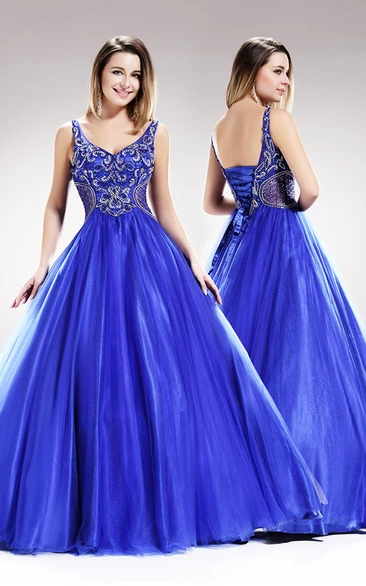 V-Neck Satin Corset Back A-Line Prom Dress with Beading and Ruffles