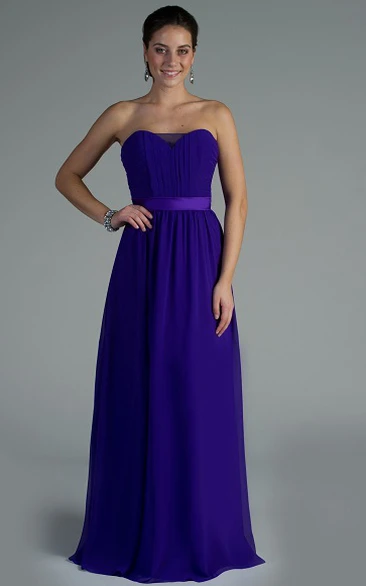 Illusion Sweetheart Chiffon Bridesmaid Dress with Satin Sash Long A-Line