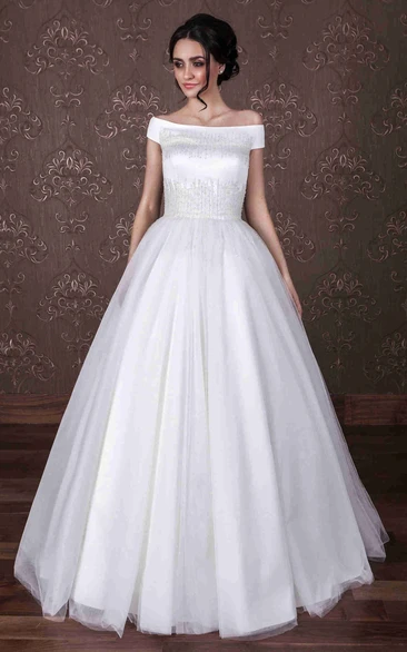 Off-The-Shoulder Tulle Wedding Dress with Beading and Zipper Closure