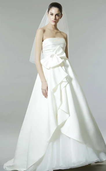 Strapless Satin Wedding Dress A-Line Bowed Floor-Length with Backless Style and Draping