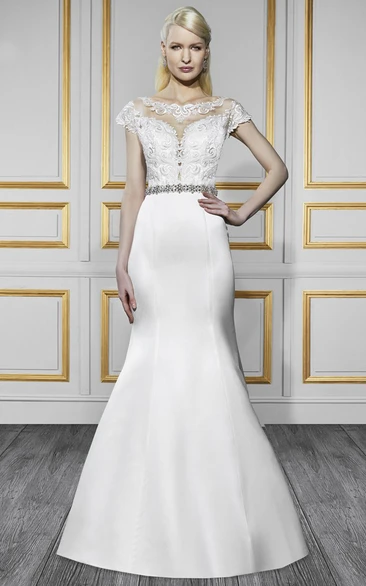 Jeweled Satin Cap-Sleeve Wedding Dress with Illusion Trumpet Style Bridal Gown