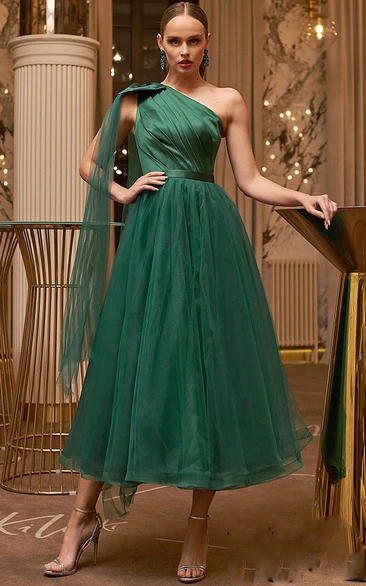 Ankle-length Lace-up Evening Dress with Bow in One-shoulder Satin A Line Style