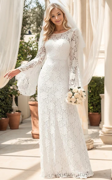 Romantic Floral Boho Lace Bell Sleeve Lace Wedding Dress Fall Elegant Sheath Column Bateau Neckline Long Maxi Courthouse Reception Bridal Gown