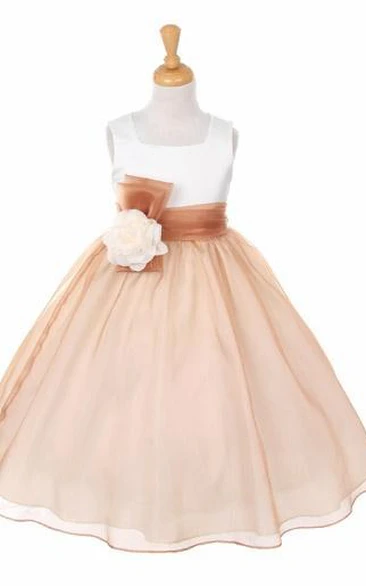 Floral Organza & Satin Flower Girl Dress with Bow and Sash Bridesmaid Dress