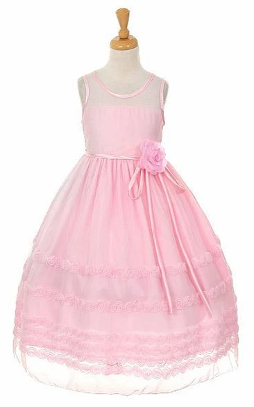 Floral Tea-Length Flower Girl Dress with Embroidery and Ribbon