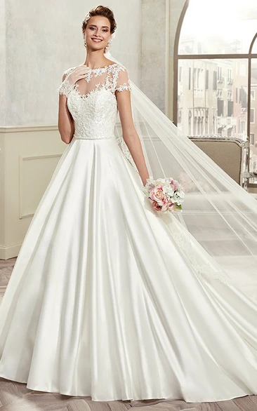 A-Line Wedding Dress with T-Shirt Sleeves and Pleated Satin Jewel-Neck Style