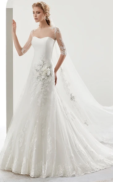Illusion Half-Sleeve Bridal Dress with Beaded Flower Embellishment and Jewel Neckline