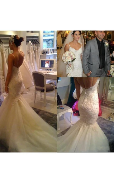Deep-V Back Tulle Lace Mermaid Wedding Dress with Spaghetti Straps