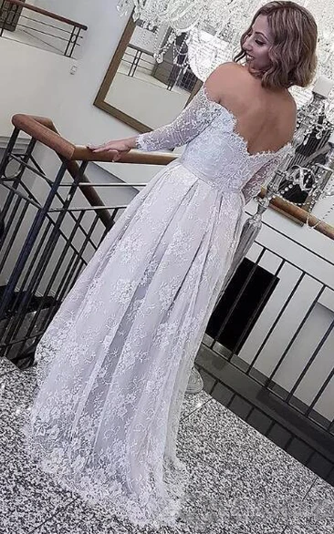 Off-the-shoulder A-line Lace Wedding Dress with Zipper Back