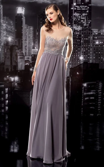 Sleeveless Sheath Chiffon Formal Dress with Jewel-Neck and Low-V Back Appliques