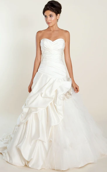 Satin & Tulle Pick-Up Wedding Dress with Flower Sweetheart Ball Gown Criss Cross