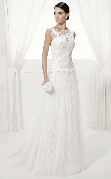 Appliqued Bodice Bridal Gown with Pleated Tulle Skirt Jewel Neckline