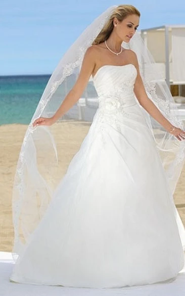 Floral Satin Strapless Wedding Dress with Draping Maxi Bridal Gown