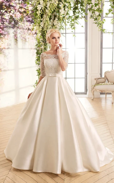 Illusion Ball Gown Wedding Dress with Bateau Neckline and Lace Details