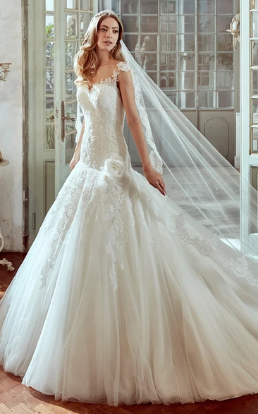 Lace Strap-Neck Wedding Dress with Floral Straps Romantic Bridal Gown