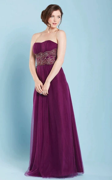 Tulle Jeweled Strapless Bridesmaid Dress with Ruching Flowy Bridesmaid Dress