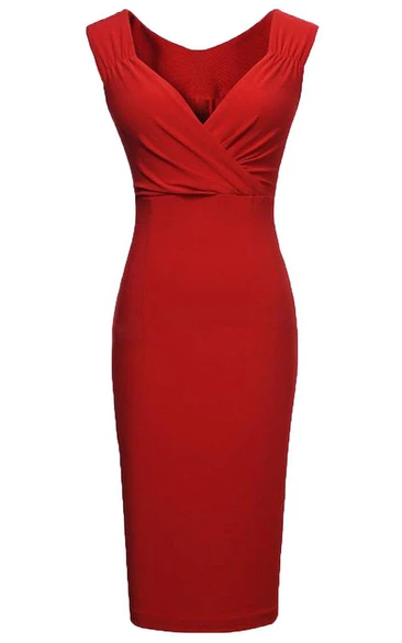 V-Neck Sheath Dress with Cap Sleeves and Pleats Knee-Length