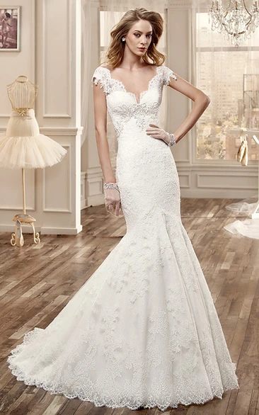 Lace Mermaid Wedding Dress with Deep-V Neckline and Open Back