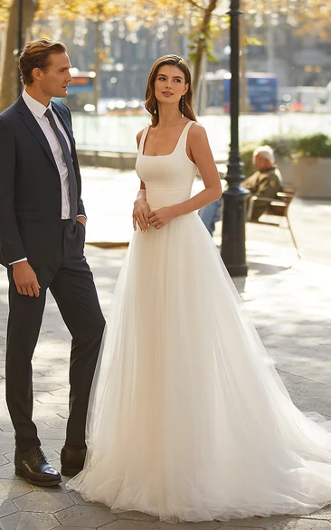 Modest Simple A-Line Scoop Wedding Dress Elegant Casual Tulle Bridal Gown with Sweep Train and Open Back