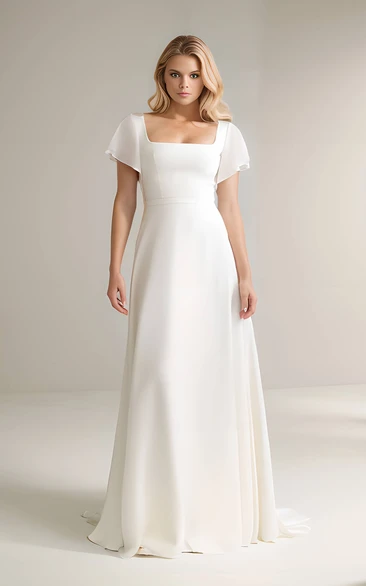 Simple Casual A-Line Satin Chiffon Wedding Dress Elegant Elopement Flutter Sleeves Gown