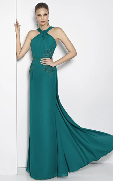 Appliqued Chiffon Halter Prom Dress in Maxi Length