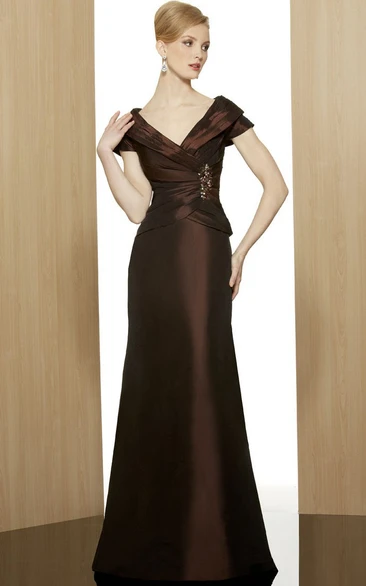 Satin V-Neck Floor-Length Formal Dress with Broach and Short Sleeves