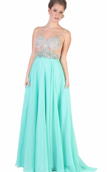 A-Line Beaded Sleeveless Chiffon Evening Dress with V-Neck Long