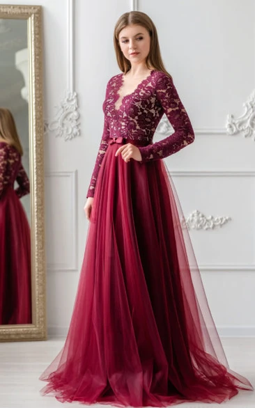 Scalloped Lace Floor-length Prom Dress with Bow in A Line Style