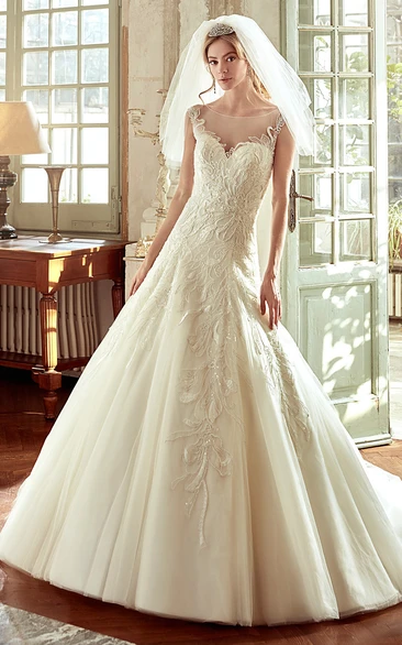 A-Line Wedding Dress with Embroidery and Drop Waist Classic Bridal Gown