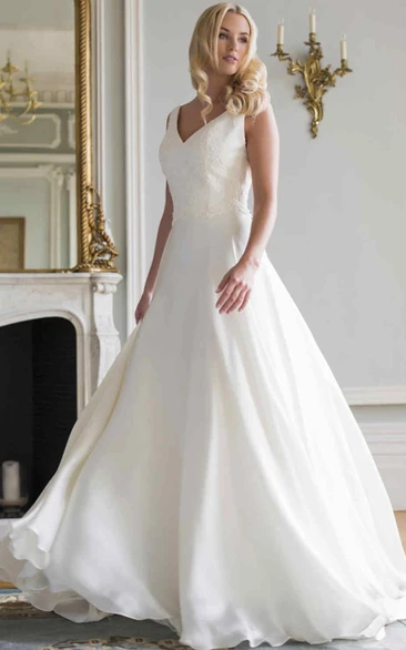 V-Neck A-Line Lace Wedding Dress with Floor-Length