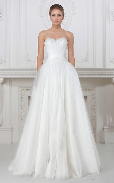 Sweetheart A-Line Tulle Wedding Dress with Beading and Bow Floor-Length