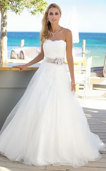 Strapless A-Line Tulle Wedding Dress with Appliques and Sweep Train