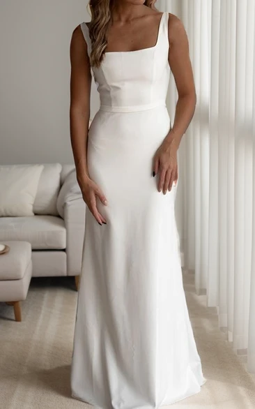 Solid Modern Modest Maxi Satin Sheath Wedding Dress with Elegant Square Neck and Zipper Back