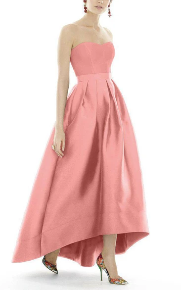 Satin Ball Gown Dress with Pleats and High-Low Hemline