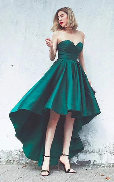 High-Low A Line Evening Dress with Pleats Strapless Sweetheart Satin Sleeveless