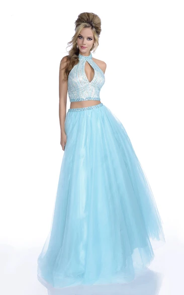 Halter Crop Top A-Line Tulle Prom Dress with Crystal Bodice