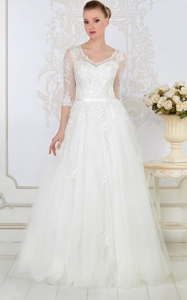 Illusion A-Line Wedding Dress V-Neck Tulle & Lace with 3-4 Sleeves