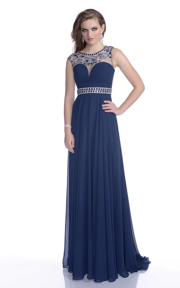 Jeweled Waist Chiffon A-Line Prom Dress with Keyhole Back Unique