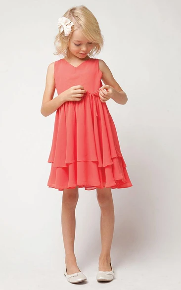 Chiffon Tiered Pleated Flower Girl Dress with Sash Straps and Ribbon
