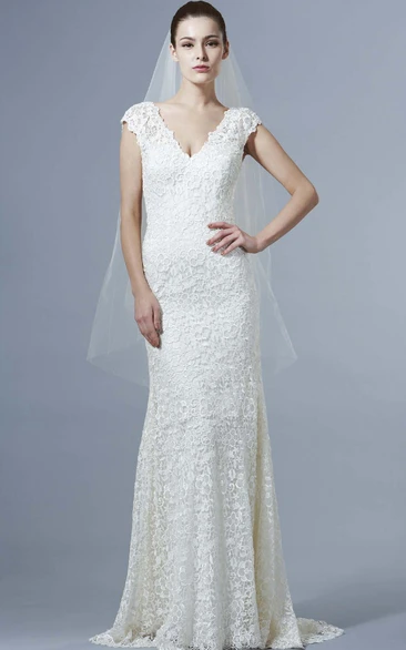 Cap-Sleeve Lace Wedding Dress with V-Back and Brush Train Classy Bridal Gown