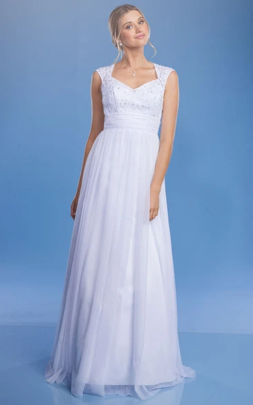 Cap-Sleeve Tulle and Satin Wedding Dress with V-Neck A-Line Style