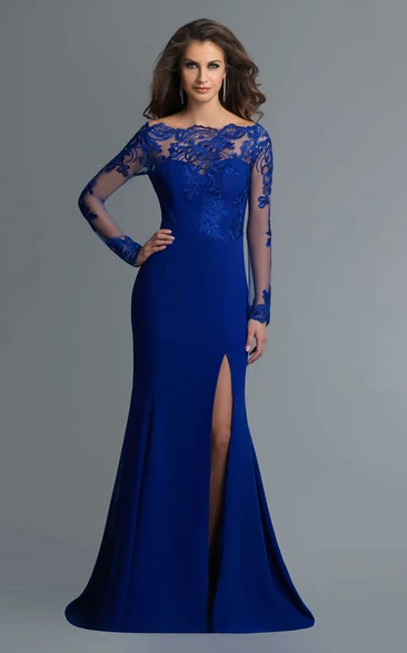 Off-The-Shoulder Maxi Sheath Jersey Formal Dress with Long Sleeves Lace Illusion and Split Front