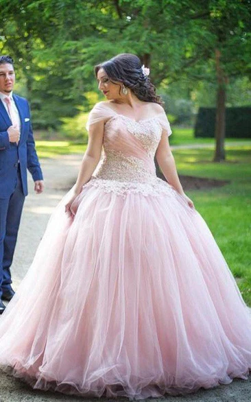 Off-the-Shoulder Lace Tulle Ball Gown Formal Dress with Cap Sleeves