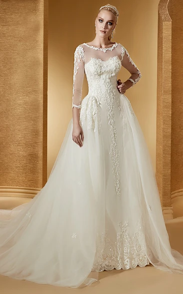 Vintage Bridal Gown with Long-Sleeves and Jewel-Neckline
