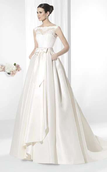 Draped Bow A-Line Satin Sleeveless Lace Bateau-Neck Wedding Dress Chic Bridal Gown