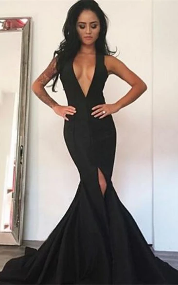 Sexy Black Deep V-Neck Prom Dress Front Split Dress