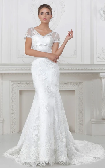 V-Neck Lace and Satin Trumpet Wedding Dress with Waist Jewelry