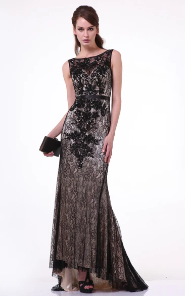 Lace Sleeveless Sheath Formal Dress with Deep-V Back and Pleats